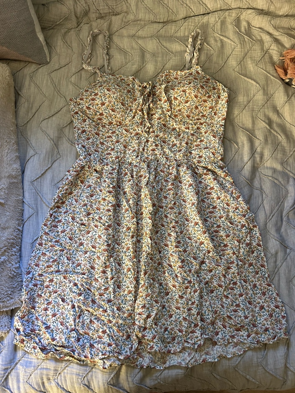 Cream Floral Mini Dress with Rust & Green Print